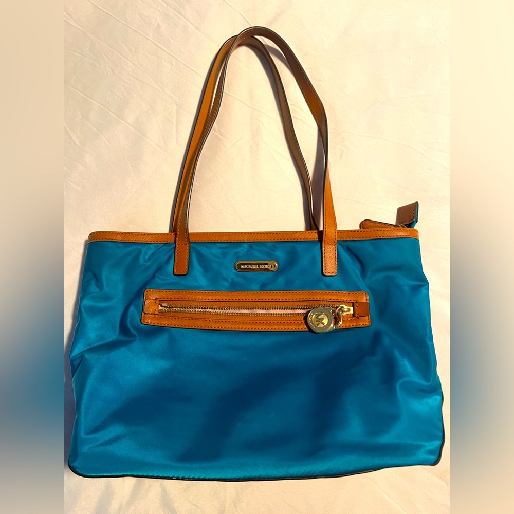 Rare Michael Kors Aqua Nylon And Brown Saffiano Leather Shoulder Bag Good Cond